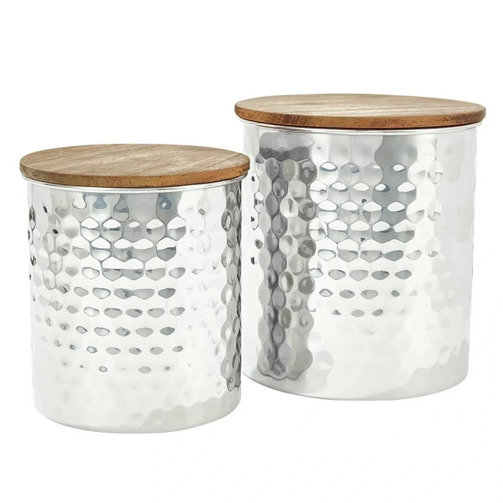 NIB Uncommon James Set of 2 Medium & Large Silver Hammered Canisters Wooden Lids